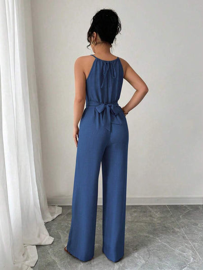 Khaki Halter Jumpsuit – Beaded Waist, Tie Detail - Lunavitae