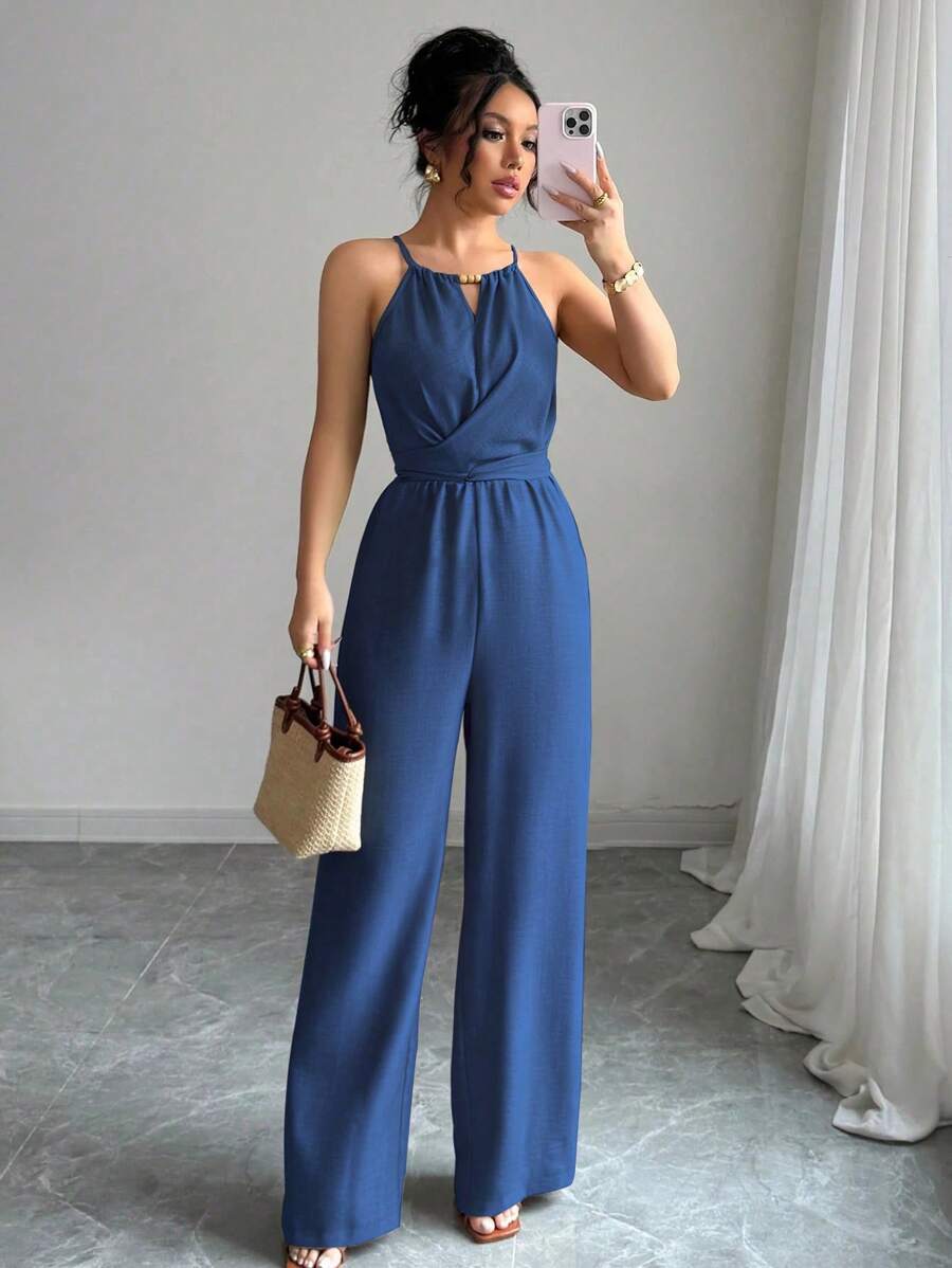 Khaki Halter Jumpsuit – Beaded Waist, Tie Detail - Lunavitae