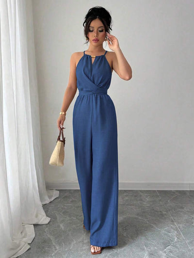 Khaki Halter Jumpsuit – Beaded Waist, Tie Detail - Lunavitae