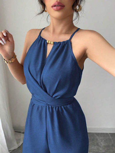Khaki Halter Jumpsuit – Beaded Waist, Tie Detail - Lunavitae
