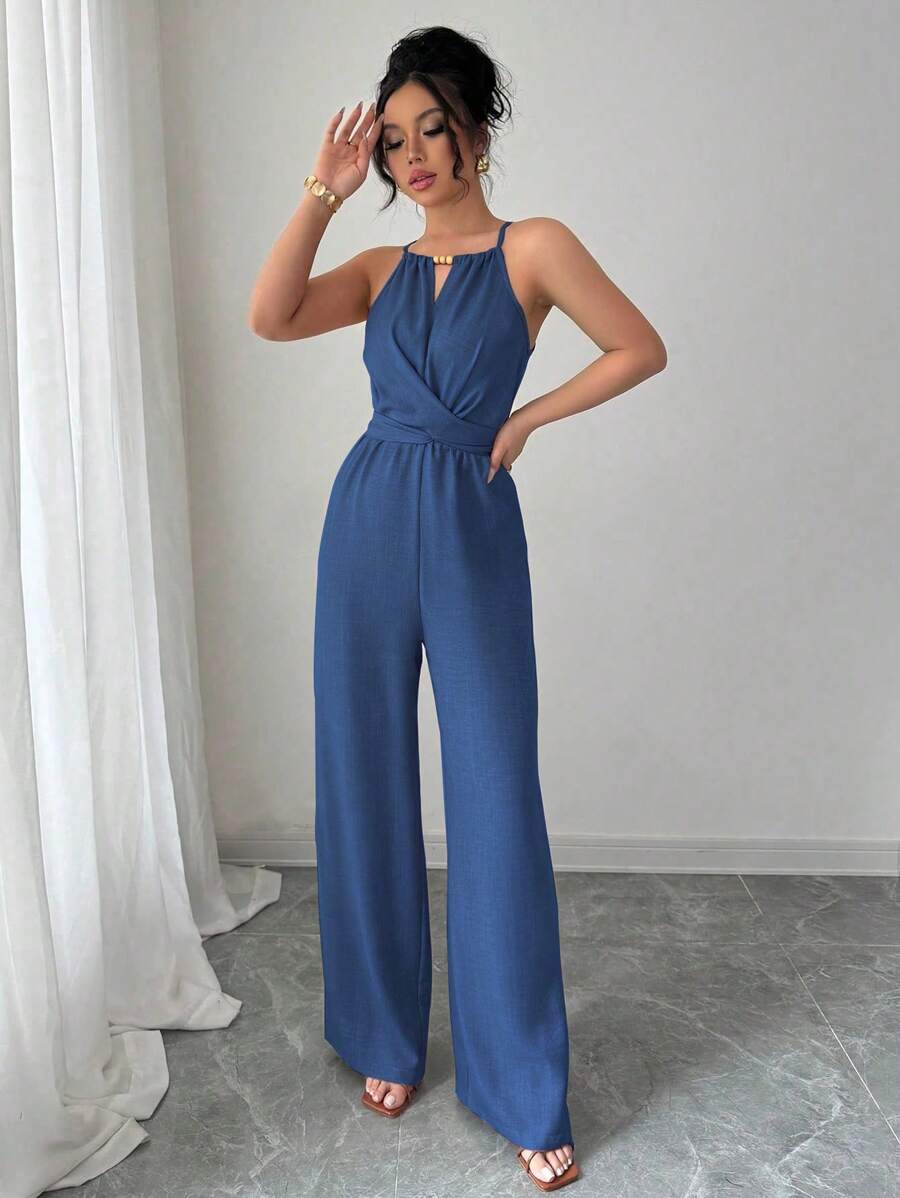 Khaki Halter Jumpsuit – Beaded Waist, Tie Detail - Lunavitae