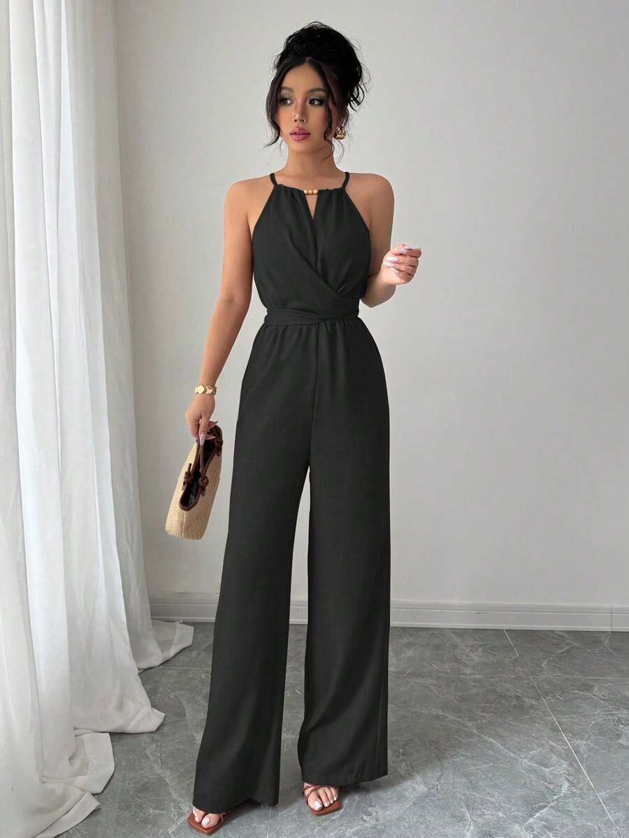 Khaki Halter Jumpsuit – Beaded Waist, Tie Detail - Lunavitae