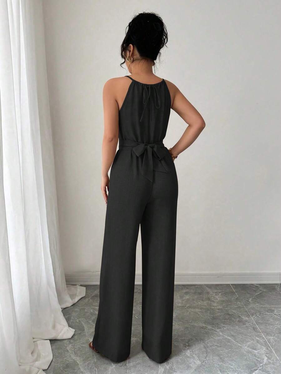 Khaki Halter Jumpsuit – Beaded Waist, Tie Detail - Lunavitae