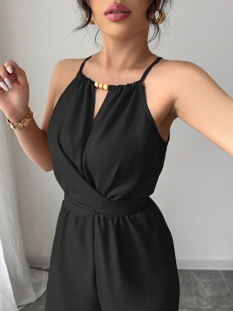 Khaki Halter Jumpsuit – Beaded Waist, Tie Detail - Lunavitae