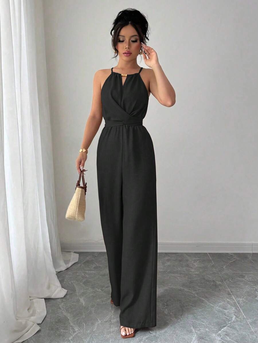 Khaki Halter Jumpsuit – Beaded Waist, Tie Detail - Lunavitae