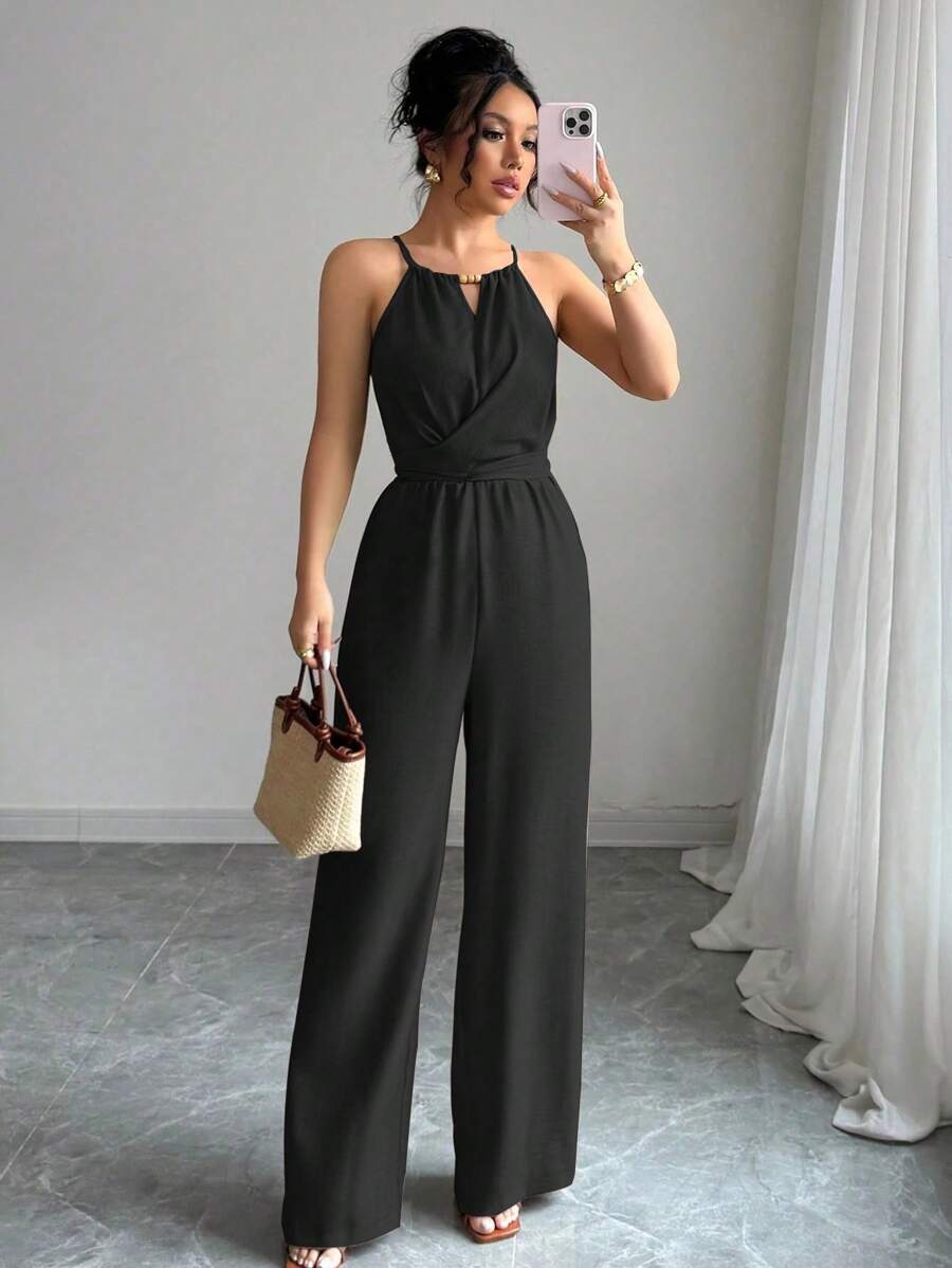 Khaki Halter Jumpsuit – Beaded Waist, Tie Detail - Lunavitae