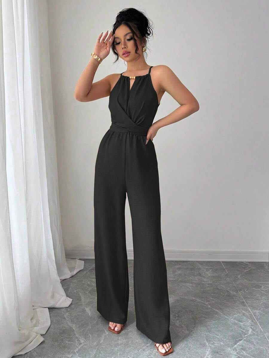 Khaki Halter Jumpsuit – Beaded Waist, Tie Detail - Lunavitae