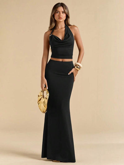 Brown Knit Dress Set – Fitted with Mermaid Hem - Lunavitae