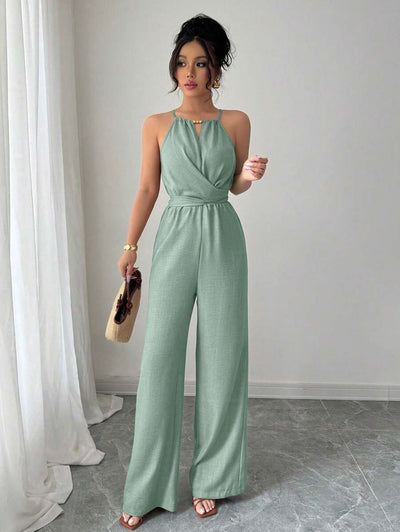 Khaki Halter Jumpsuit – Beaded Waist, Tie Detail - Lunavitae