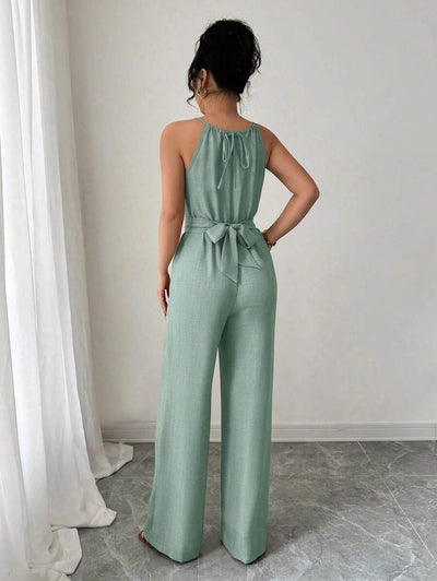 Khaki Halter Jumpsuit – Beaded Waist, Tie Detail - Lunavitae
