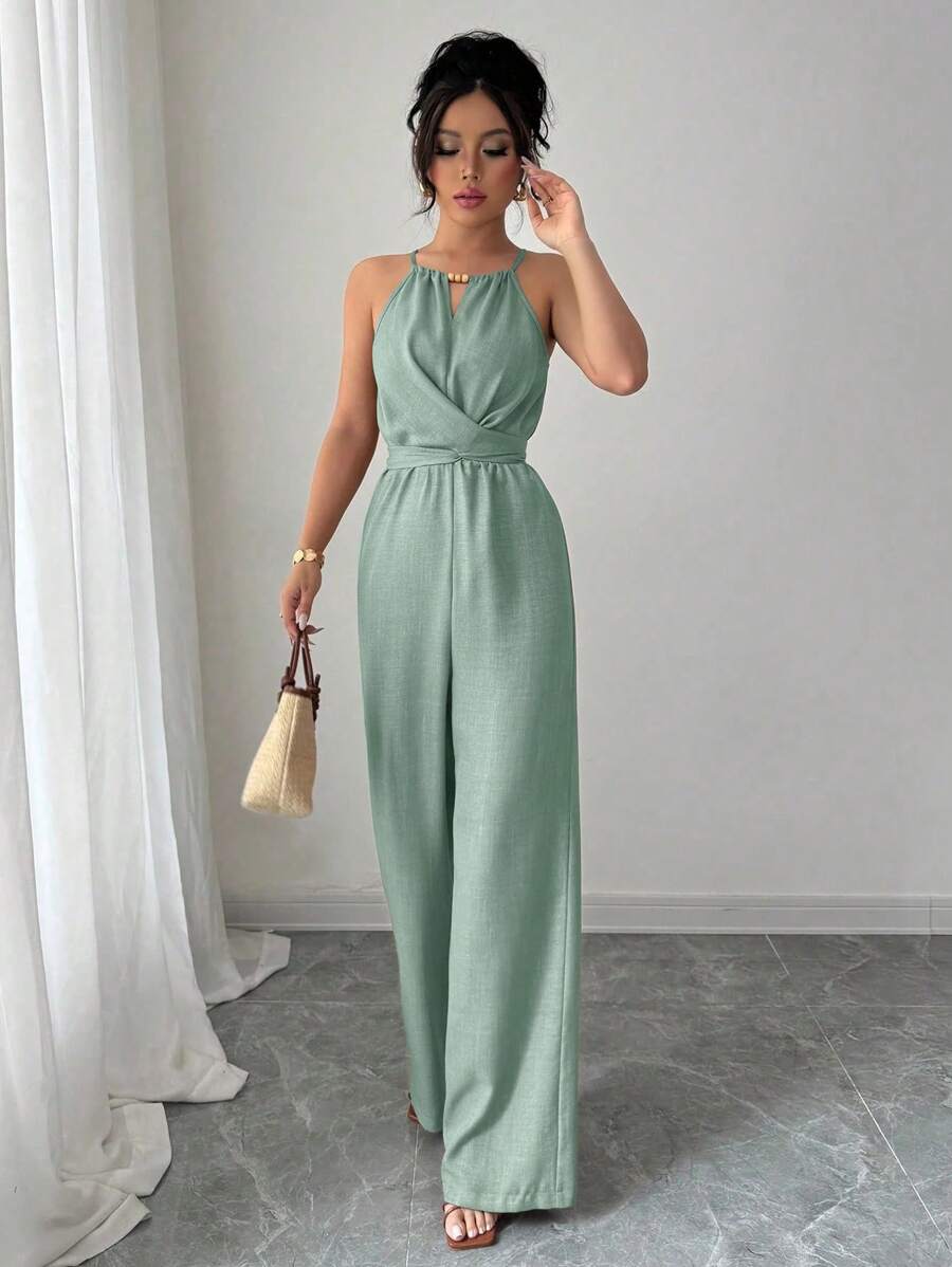 Khaki Halter Jumpsuit – Beaded Waist, Tie Detail - Lunavitae