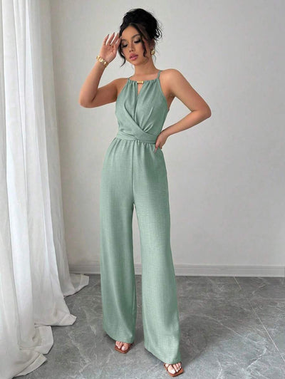 Khaki Halter Jumpsuit – Beaded Waist, Tie Detail - Lunavitae
