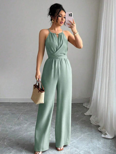 Khaki Halter Jumpsuit – Beaded Waist, Tie Detail - Lunavitae