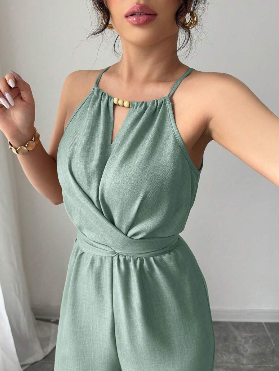 Khaki Halter Jumpsuit – Beaded Waist, Tie Detail - Lunavitae