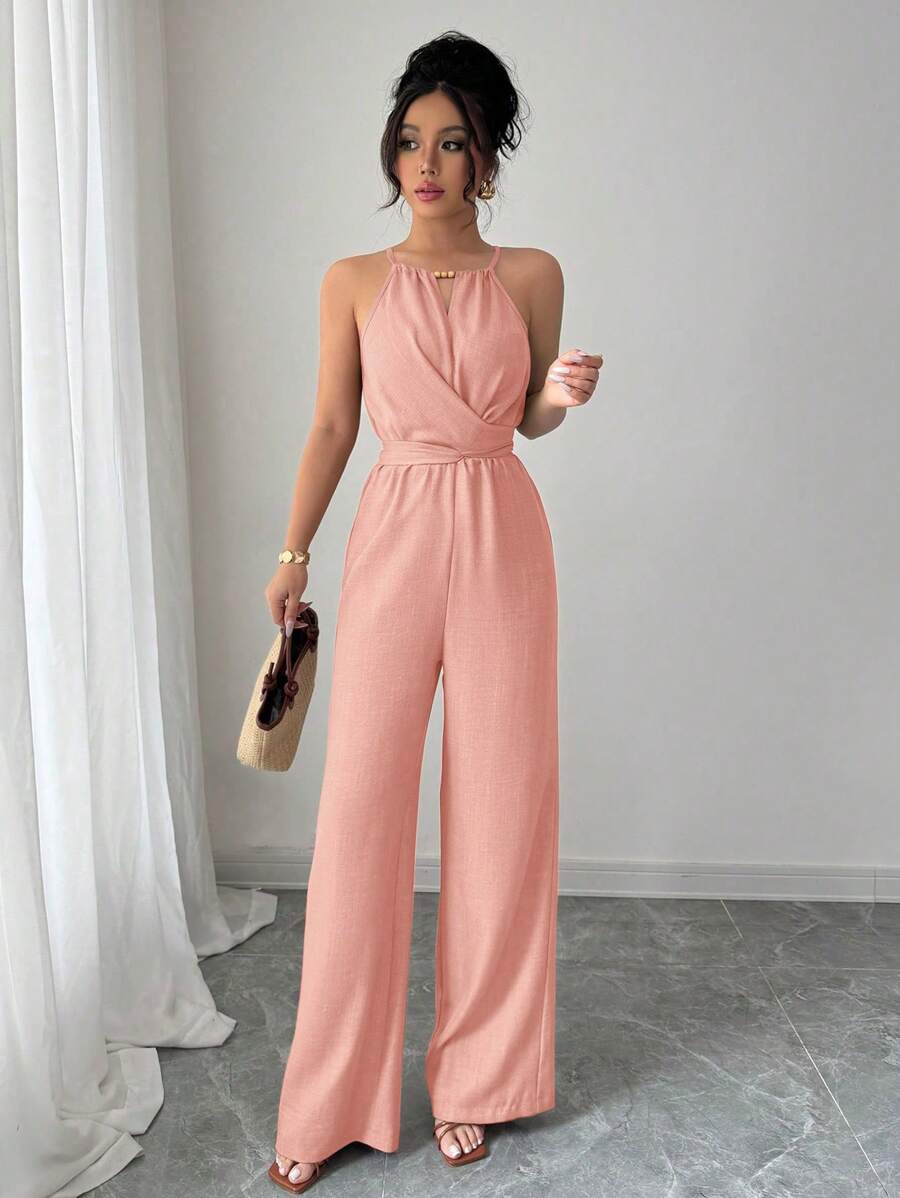 Khaki Halter Jumpsuit – Beaded Waist, Tie Detail - Lunavitae