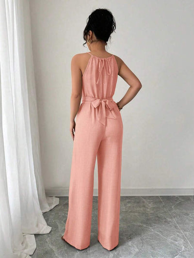 Khaki Halter Jumpsuit – Beaded Waist, Tie Detail - Lunavitae