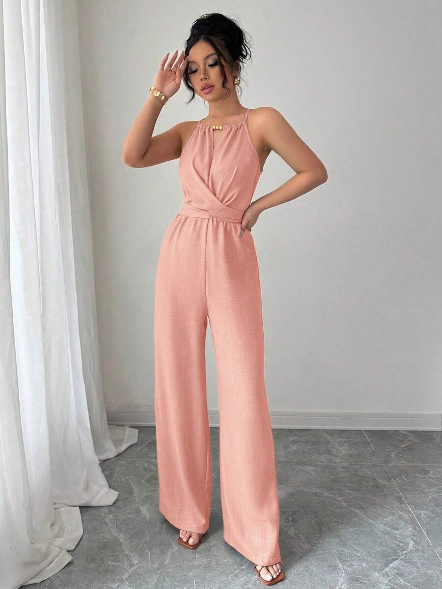 Khaki Halter Jumpsuit – Beaded Waist, Tie Detail - Lunavitae