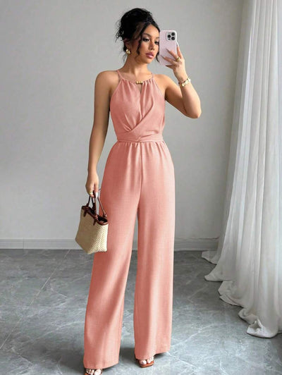Khaki Halter Jumpsuit – Beaded Waist, Tie Detail - Lunavitae