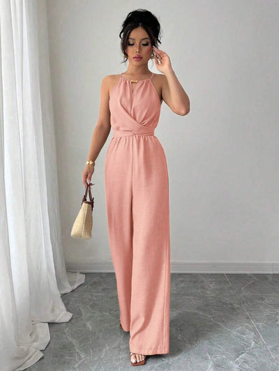 Khaki Halter Jumpsuit – Beaded Waist, Tie Detail - Lunavitae