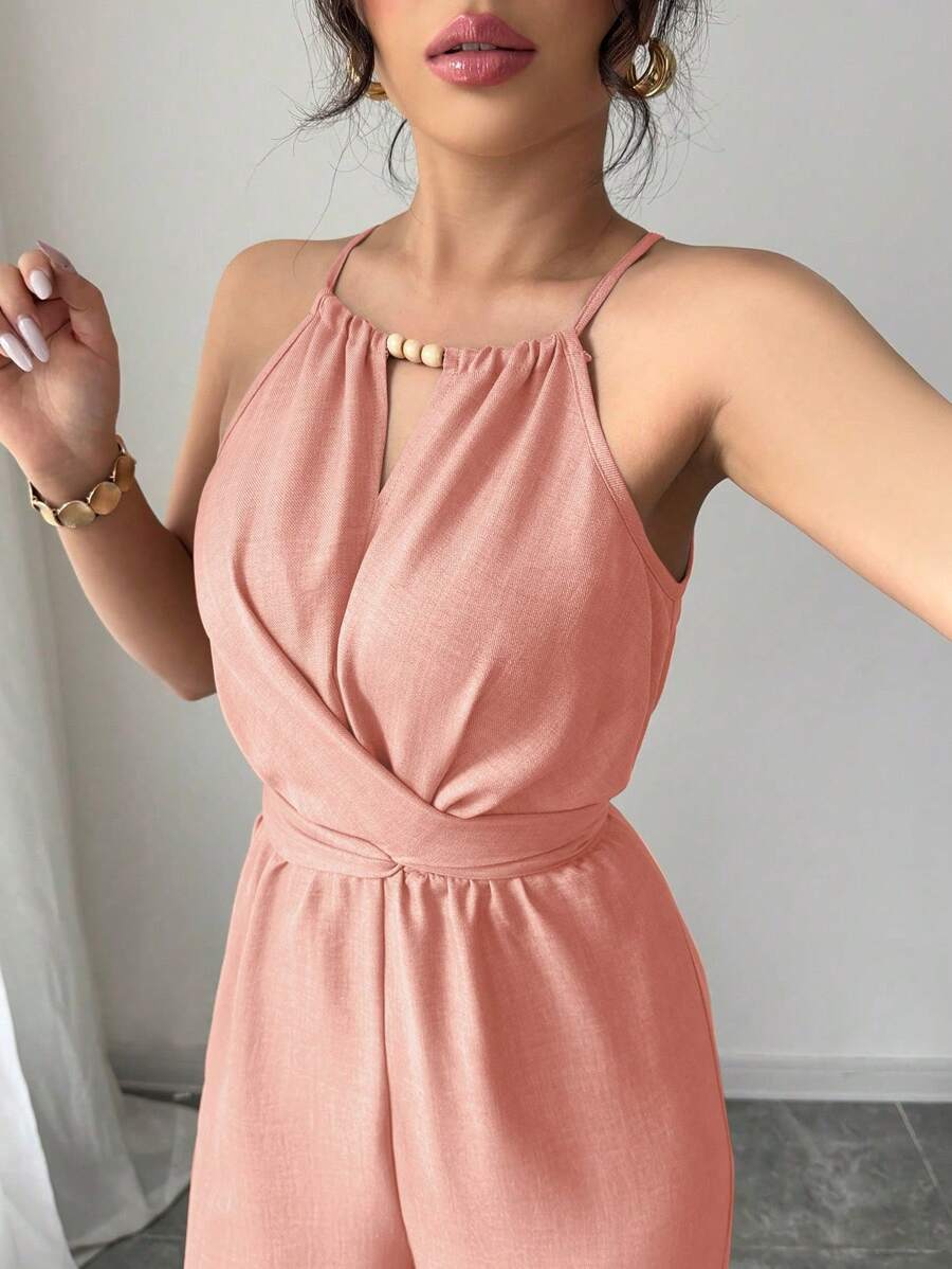 Khaki Halter Jumpsuit – Beaded Waist, Tie Detail - Lunavitae