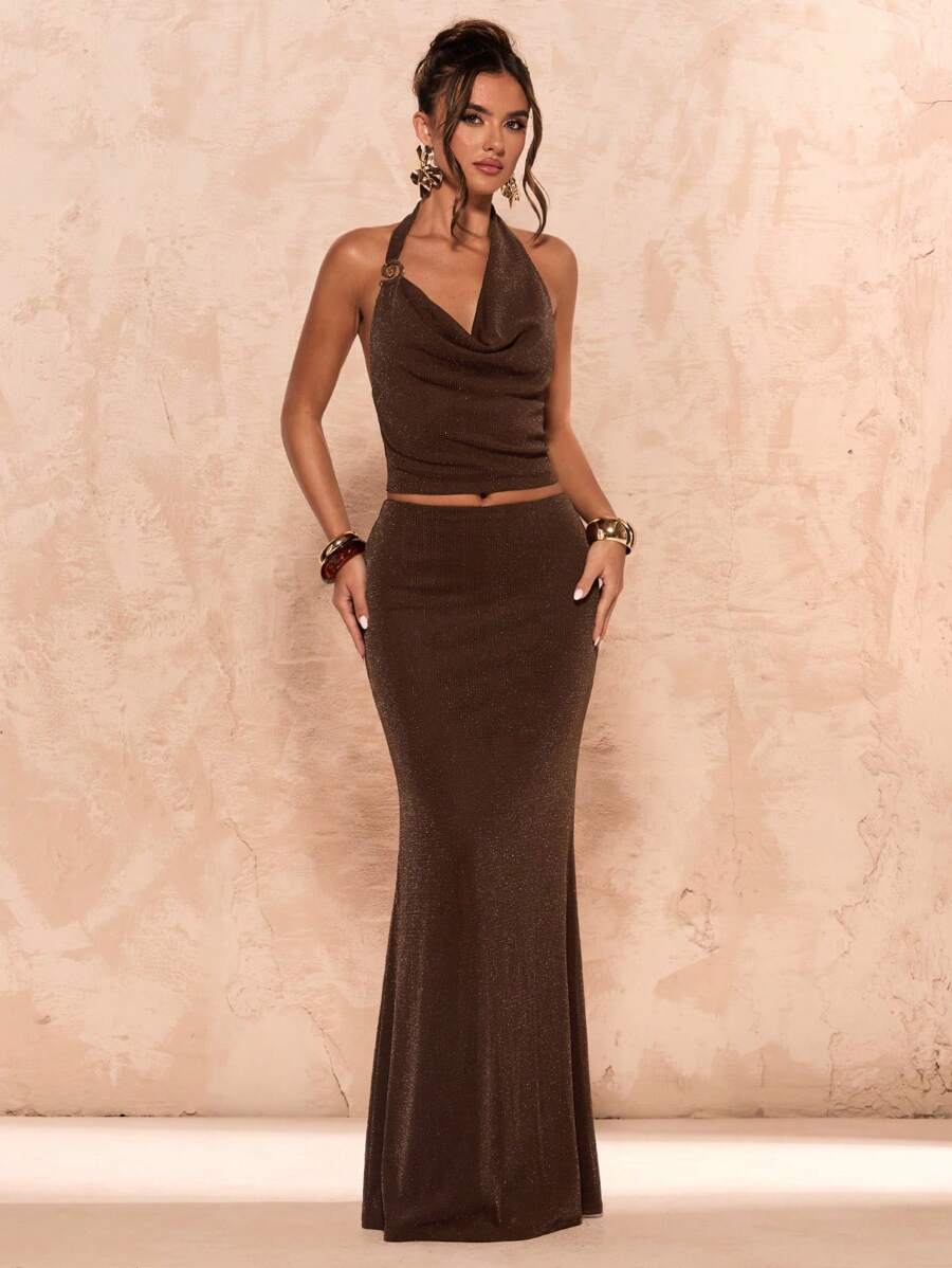 Brown Knit Dress Set – Fitted with Mermaid Hem - Lunavitae