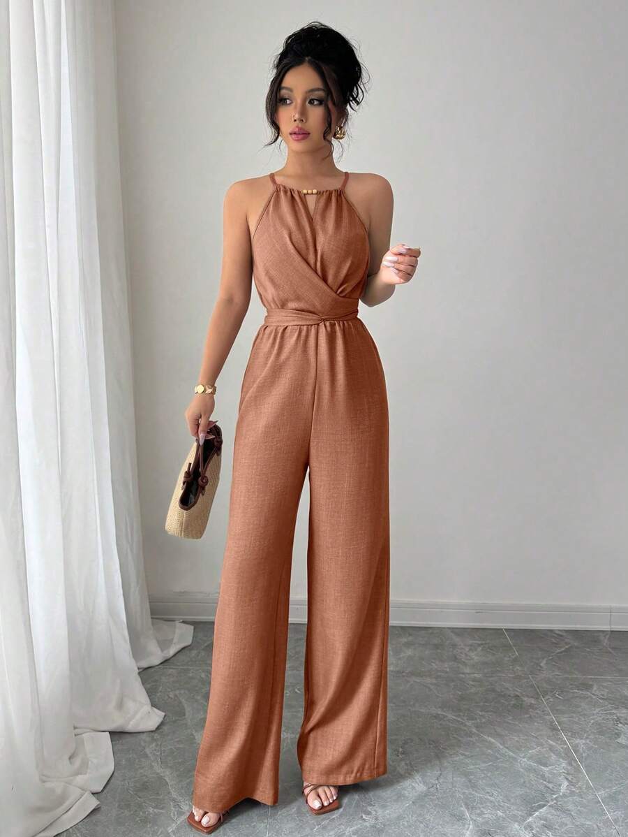 Khaki Halter Jumpsuit – Beaded Waist, Tie Detail - Lunavitae