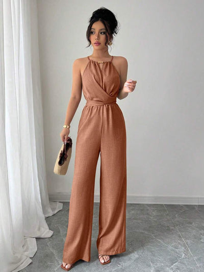 Khaki Halter Jumpsuit – Beaded Waist, Tie Detail - Lunavitae