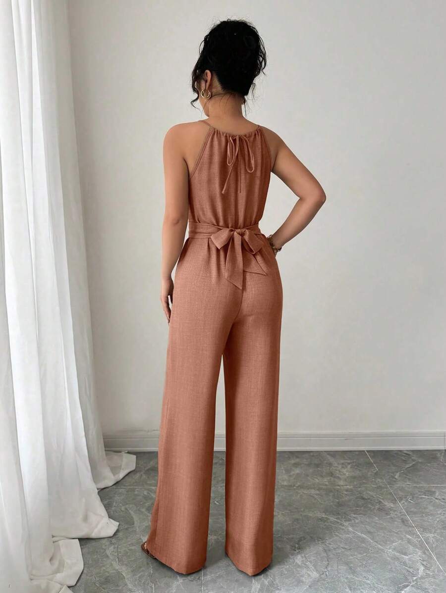 Khaki Halter Jumpsuit – Beaded Waist, Tie Detail - Lunavitae