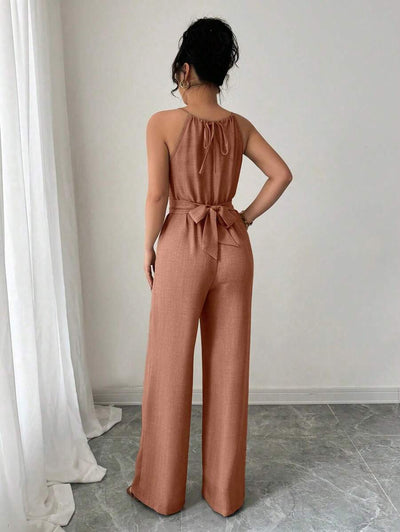 Khaki Halter Jumpsuit – Beaded Waist, Tie Detail - Lunavitae