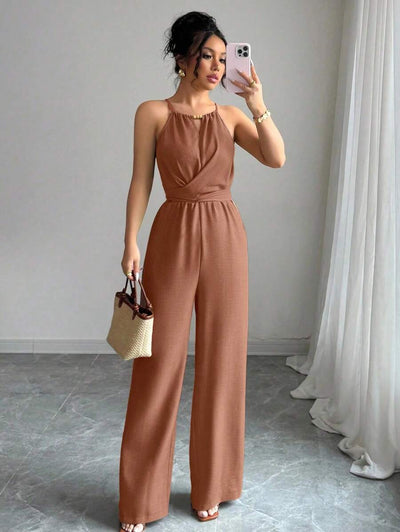 Khaki Halter Jumpsuit – Beaded Waist, Tie Detail - Lunavitae