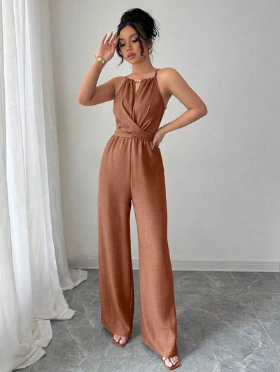 Khaki Halter Jumpsuit – Beaded Waist, Tie Detail - Lunavitae
