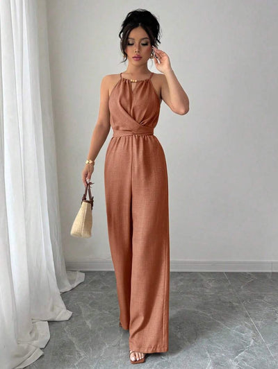 Khaki Halter Jumpsuit – Beaded Waist, Tie Detail - Lunavitae