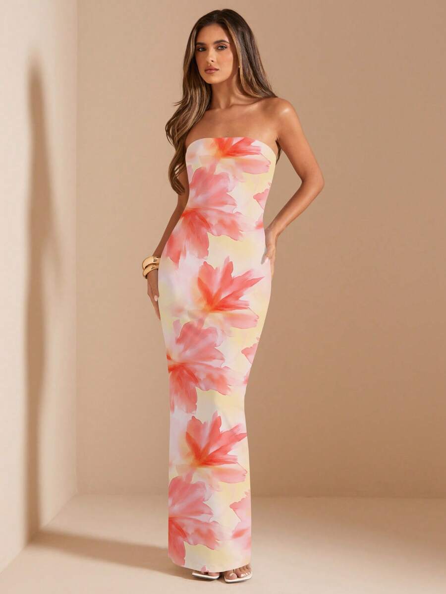 Pink Floral Bandeau Dress – Fitted Summer Style - Lunavitae