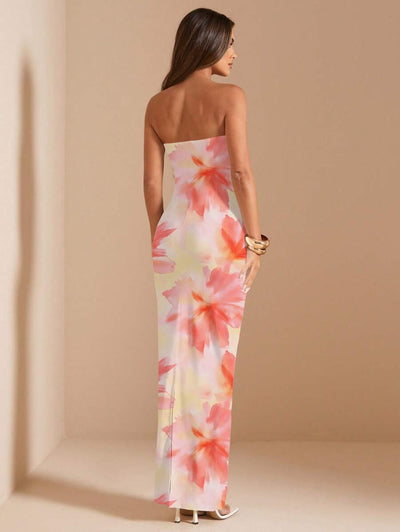 Pink Floral Bandeau Dress – Fitted Summer Style - Lunavitae