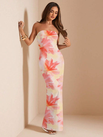 Pink Floral Bandeau Dress – Fitted Summer Style - Lunavitae