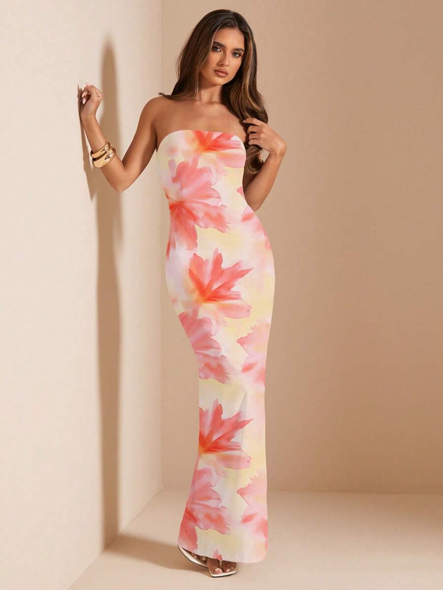 Pink Floral Bandeau Dress – Fitted Summer Style - Lunavitae