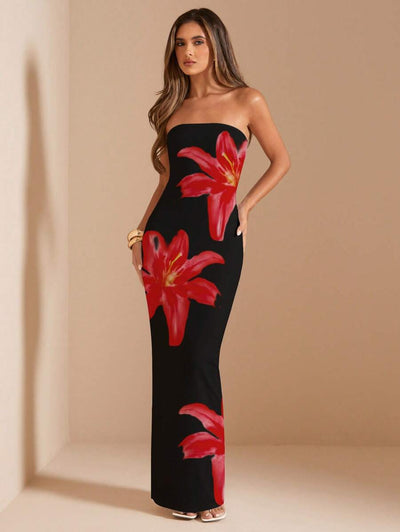 Pink Floral Bandeau Dress – Fitted Summer Style - Lunavitae