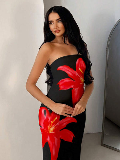 Pink Floral Bandeau Dress – Fitted Summer Style - Lunavitae