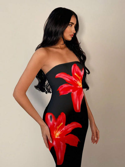 Pink Floral Bandeau Dress – Fitted Summer Style - Lunavitae