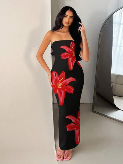 Pink Floral Bandeau Dress – Fitted Summer Style - Lunavitae