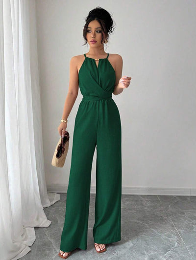 Khaki Halter Jumpsuit – Beaded Waist, Tie Detail - Lunavitae