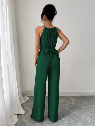 Khaki Halter Jumpsuit – Beaded Waist, Tie Detail - Lunavitae