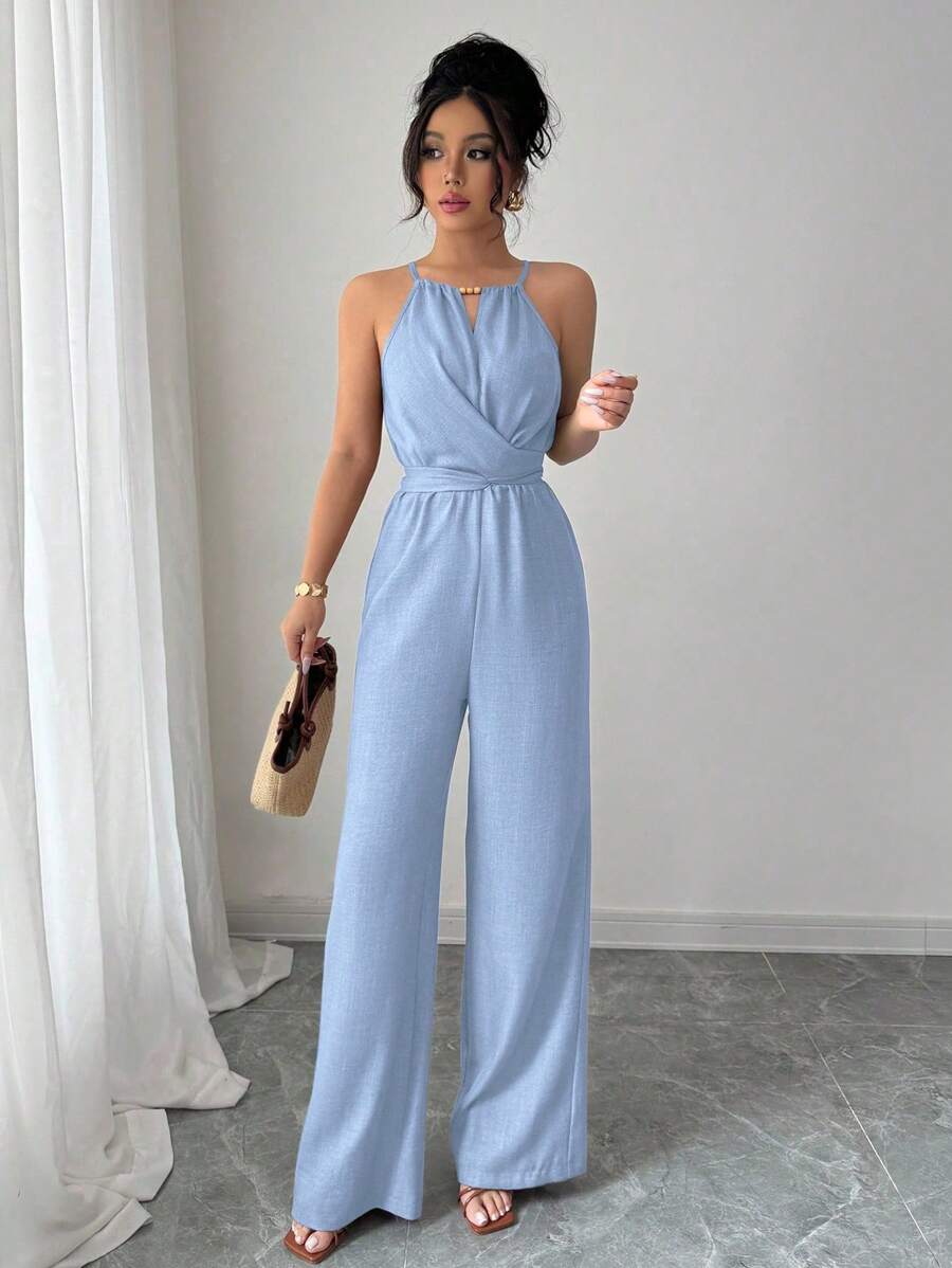 Khaki Halter Jumpsuit – Beaded Waist, Tie Detail - Lunavitae
