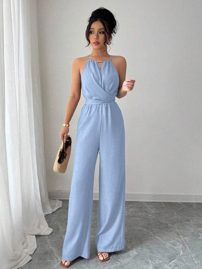 Khaki Halter Jumpsuit – Beaded Waist, Tie Detail - Lunavitae