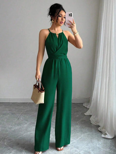 Khaki Halter Jumpsuit – Beaded Waist, Tie Detail - Lunavitae