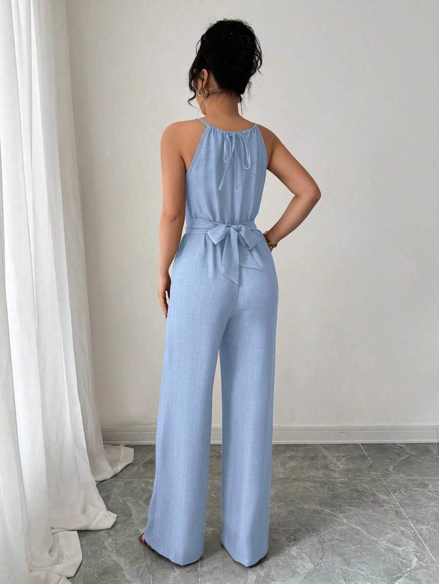 Khaki Halter Jumpsuit – Beaded Waist, Tie Detail - Lunavitae