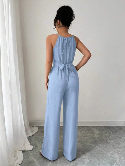 Khaki Halter Jumpsuit – Beaded Waist, Tie Detail - Lunavitae
