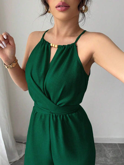 Khaki Halter Jumpsuit – Beaded Waist, Tie Detail - Lunavitae