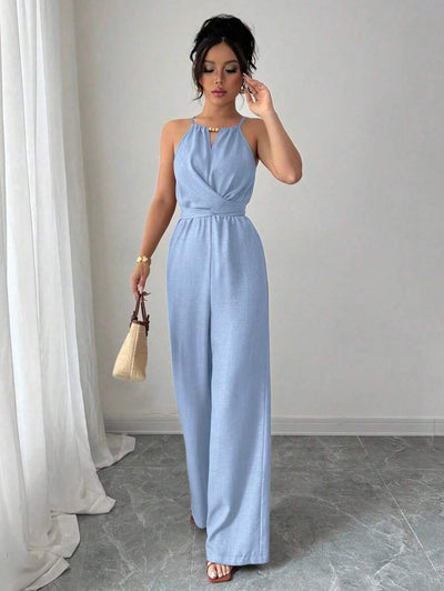 Khaki Halter Jumpsuit – Beaded Waist, Tie Detail - Lunavitae