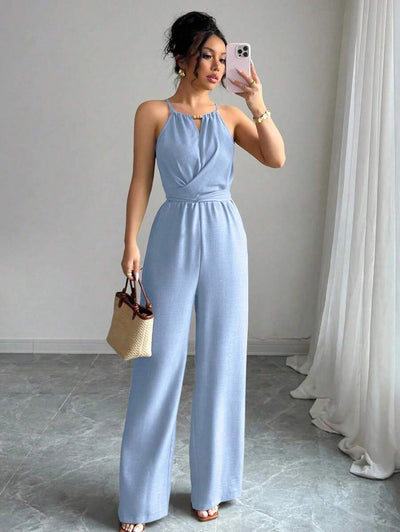 Khaki Halter Jumpsuit – Beaded Waist, Tie Detail - Lunavitae